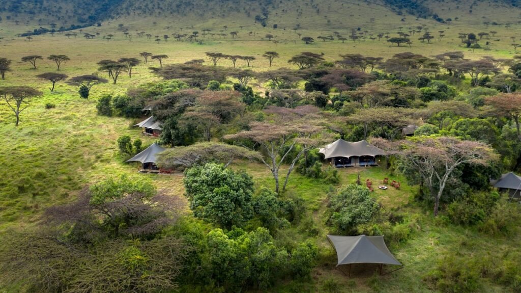 Angama Safari Camp aerial view of canvas tents among trees