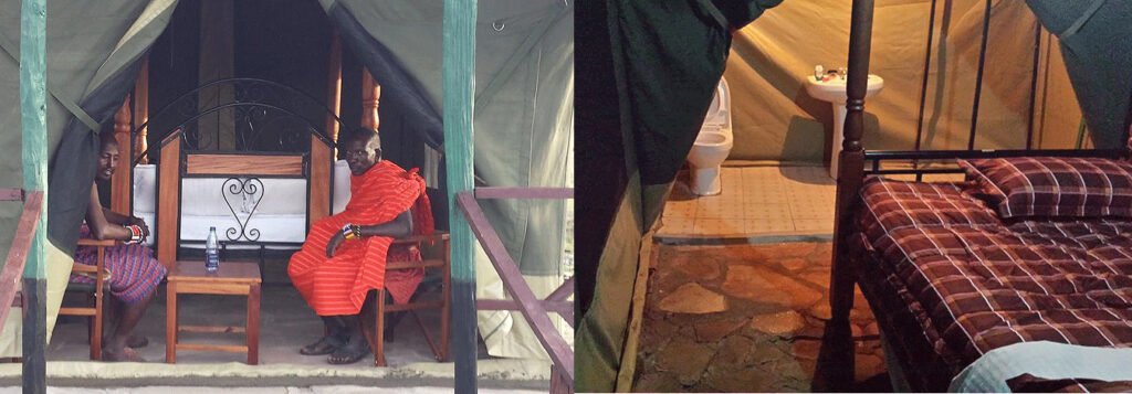 Destiny Eco Camp Mara paired tent photographs showing seated guests, a bed and an en-suite washroom