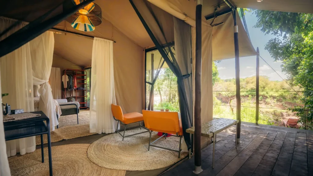 Emboo Camp tented suite opening onto a private river-facing deck