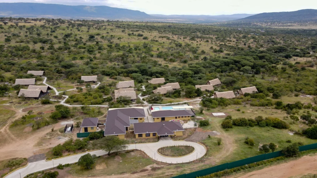 Enkorok Safari Camp guest buildings and rectangular pool viewed from above