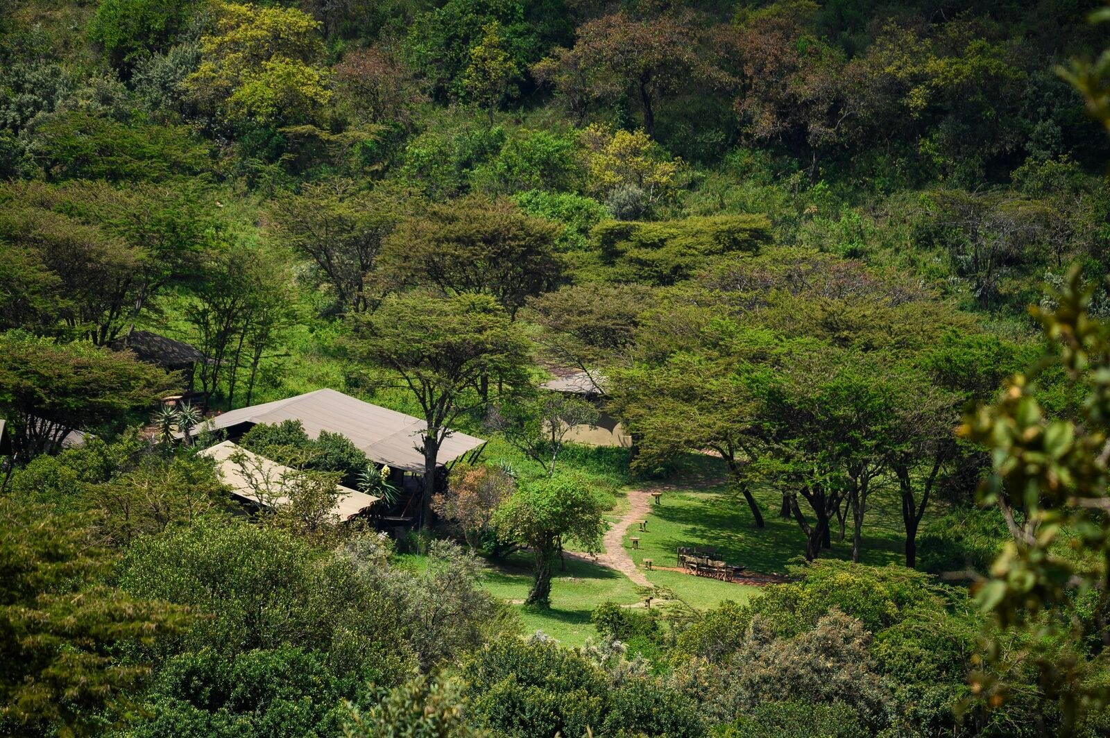 Entumoto Safari Camp communal canvas roofs and pathways in a wooded valley