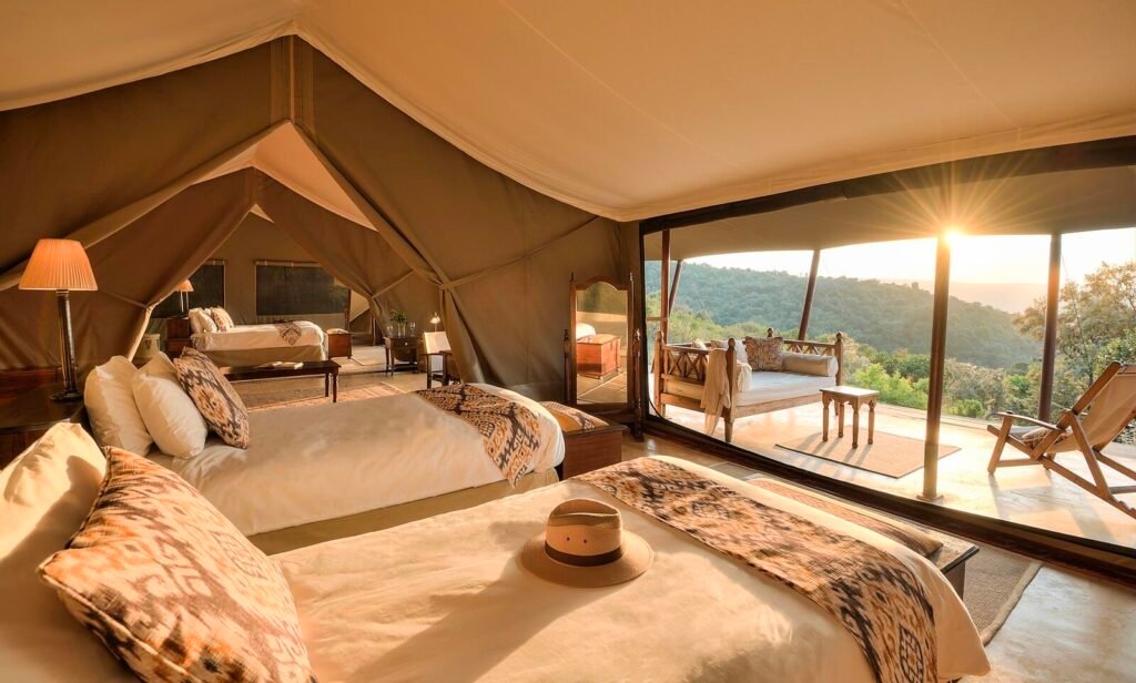Entumoto Safari Camp Luxury Family Tent beds and veranda, separate from the Classic starting room