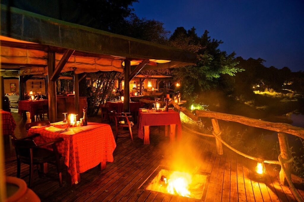 Archive photograph: Documented Mara Explorer Camp restaurant deck lit after dark