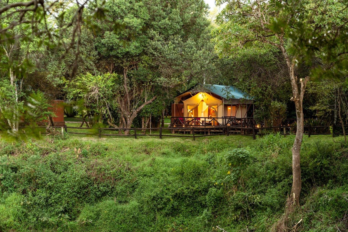 Fairmont Mara Safari Club riverfront canvas tent with a timber deck among trees