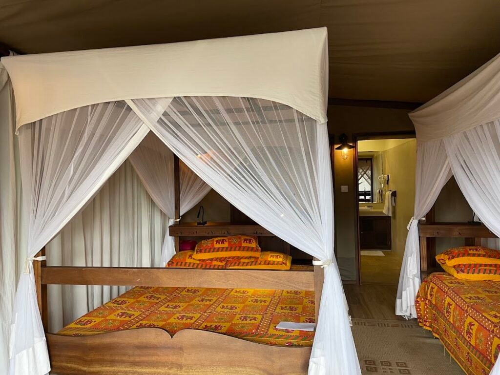 Fig Tree Camp canvas bedroom with two netted beds and an opening towards the patio