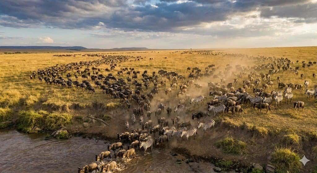 Great Migration wildebeest and zebra herd spread across open grassland