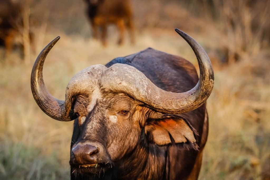 African buffalo portrait with its head turned left; Lookout Hill guide