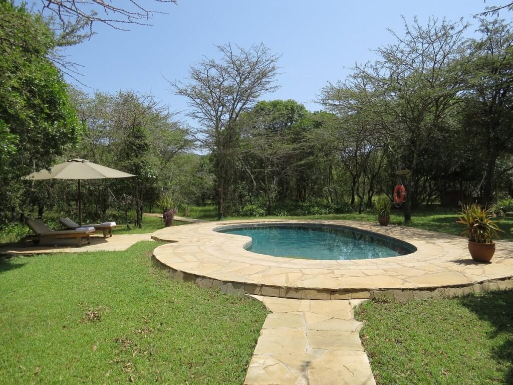 Organic shaped swimming pool beneath trees at Karen Blixen Camp