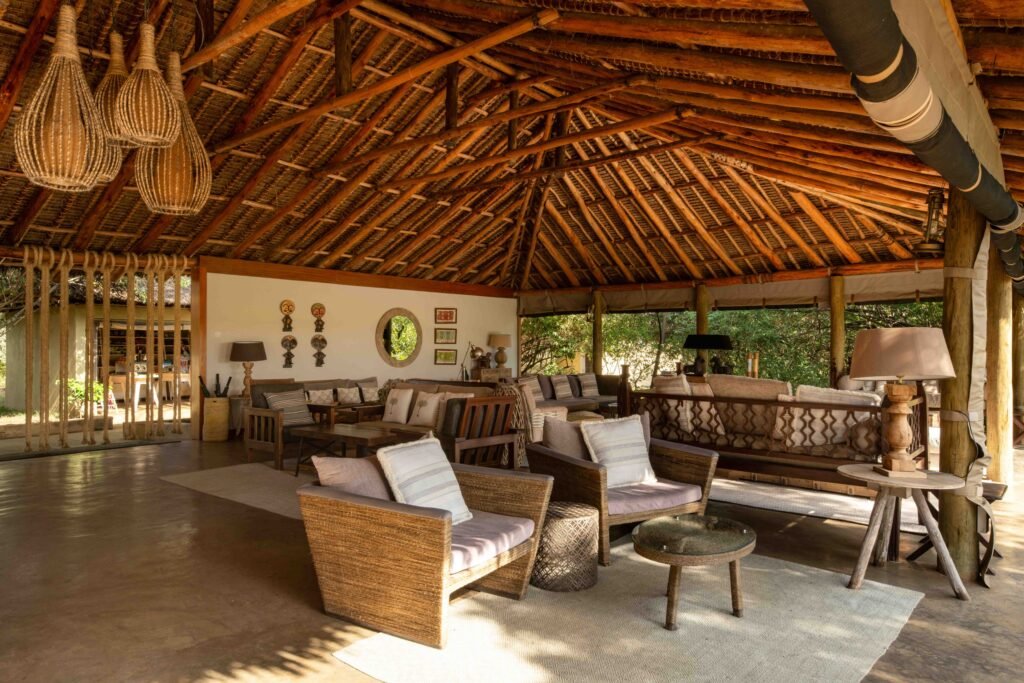 Lerai Safari Camp shared lounge beneath a high thatched roof