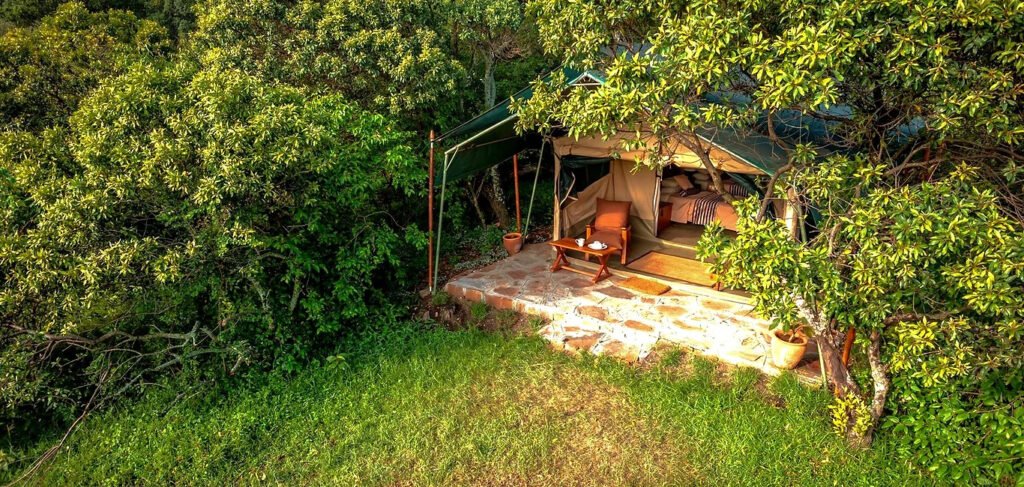 Maasai Mara lodges and camps 27 Losokwan Camp canvas tent beneath trees, with veranda chairs and a visible bed