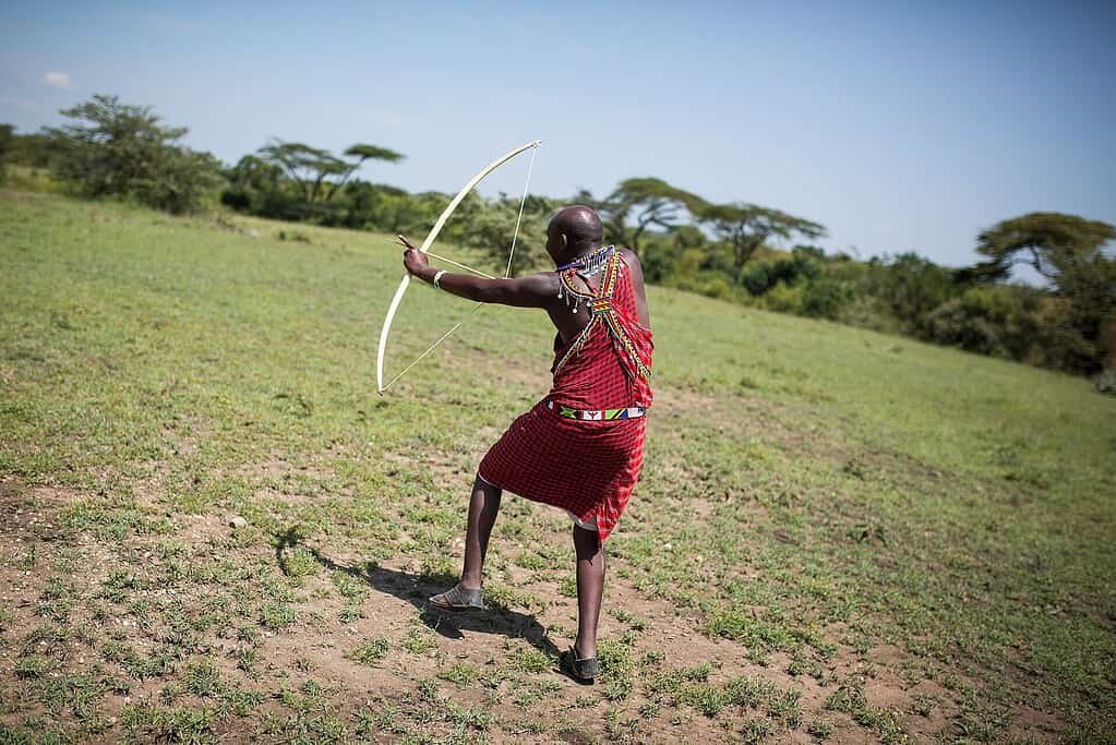 Plan your Maasai Mara safari: the step-by-step guide 3 A Maasai guide in a red shuka drawing a traditional bow during a walking safari