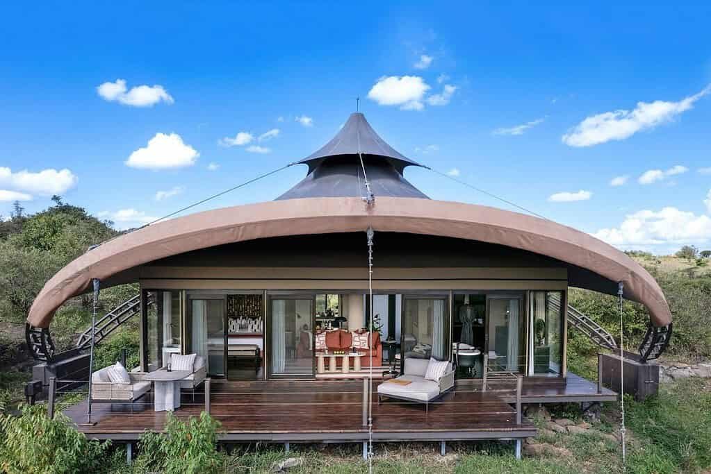 Mahali Mzuri glass-fronted safari tent and viewing deck above the valley
