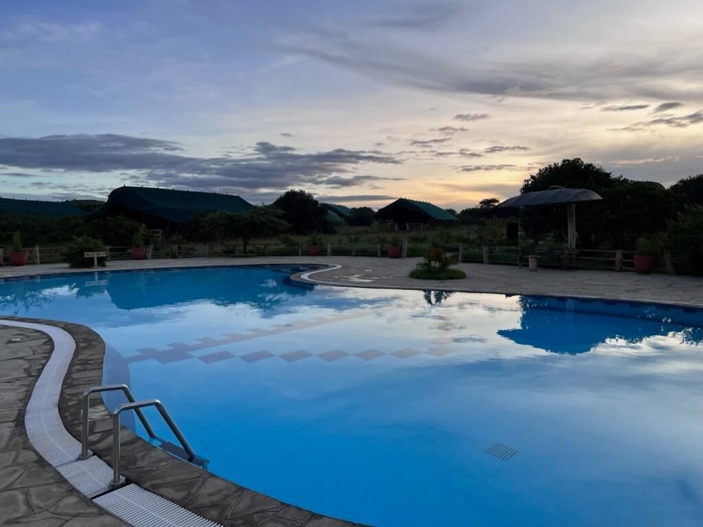 Curved swimming pool at Mara Maisha Camp with canvas buildings beyond