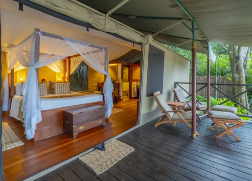 Mara Intrepids Tented Camp canvas double tent with a netted bed and timber deck beside trees