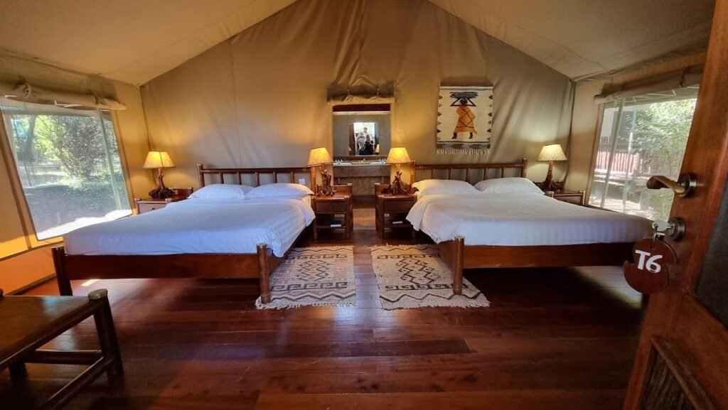 Mara Simba Lodge canvas room with timber floor and two wooden beds