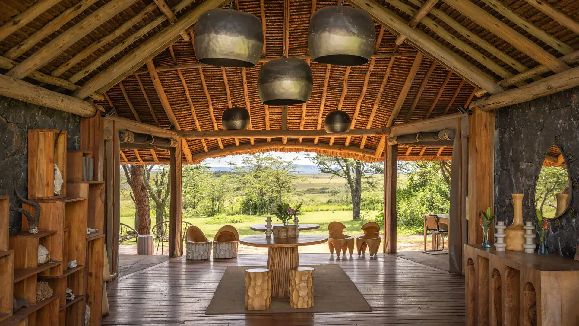 Naboisho Camp open thatched entrance overlooking the conservancy