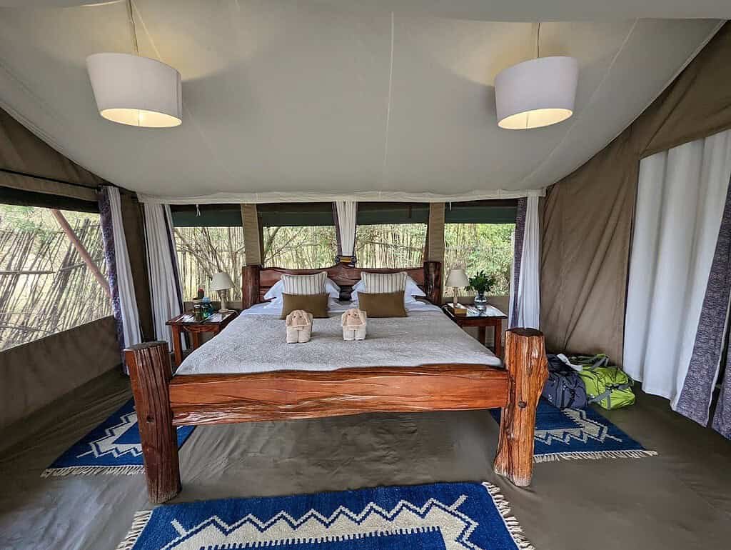Maasai Mara lodges and camps 42 Offbeat Mara Camp double bedroom with timber bed frame and blue patterned rug