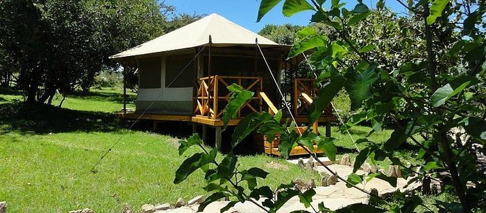 Ol Moran Tented Camp furnished tent with a raised wooden veranda in the garden setting