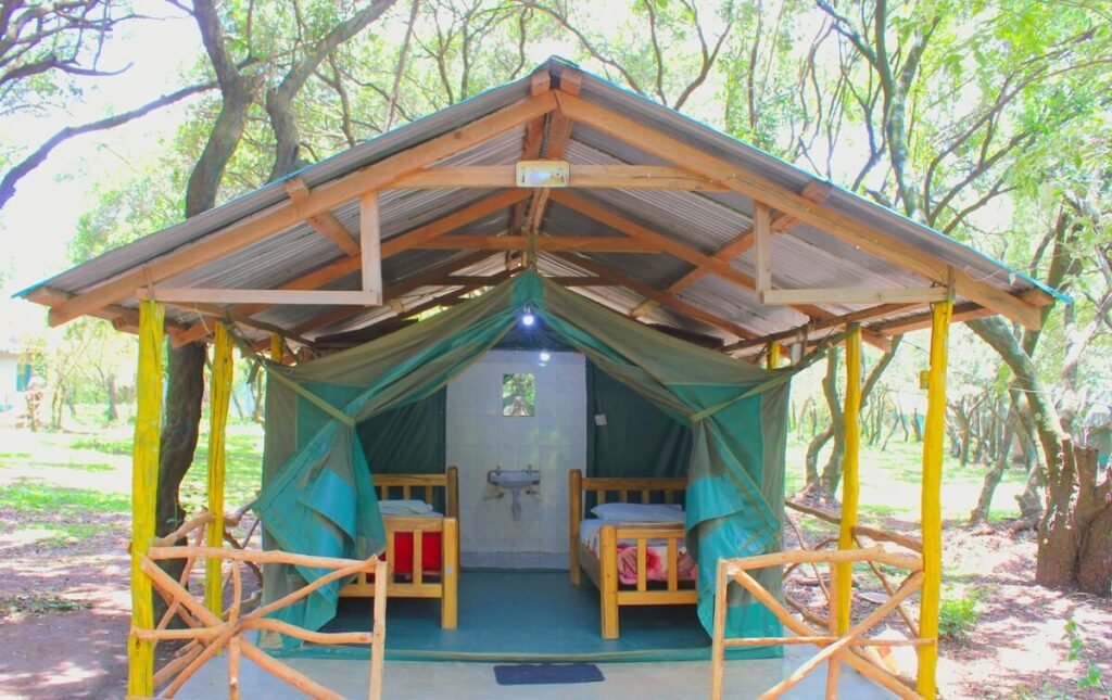 Maasai Mara lodges and camps 43 Olailepo Mara Camp twin tent exterior beneath a permanent timber roof