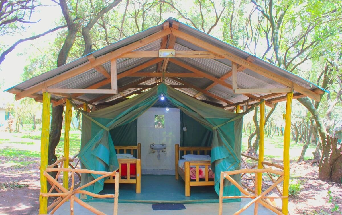 Olailepo Mara Camp twin tent exterior beneath a permanent timber roof
