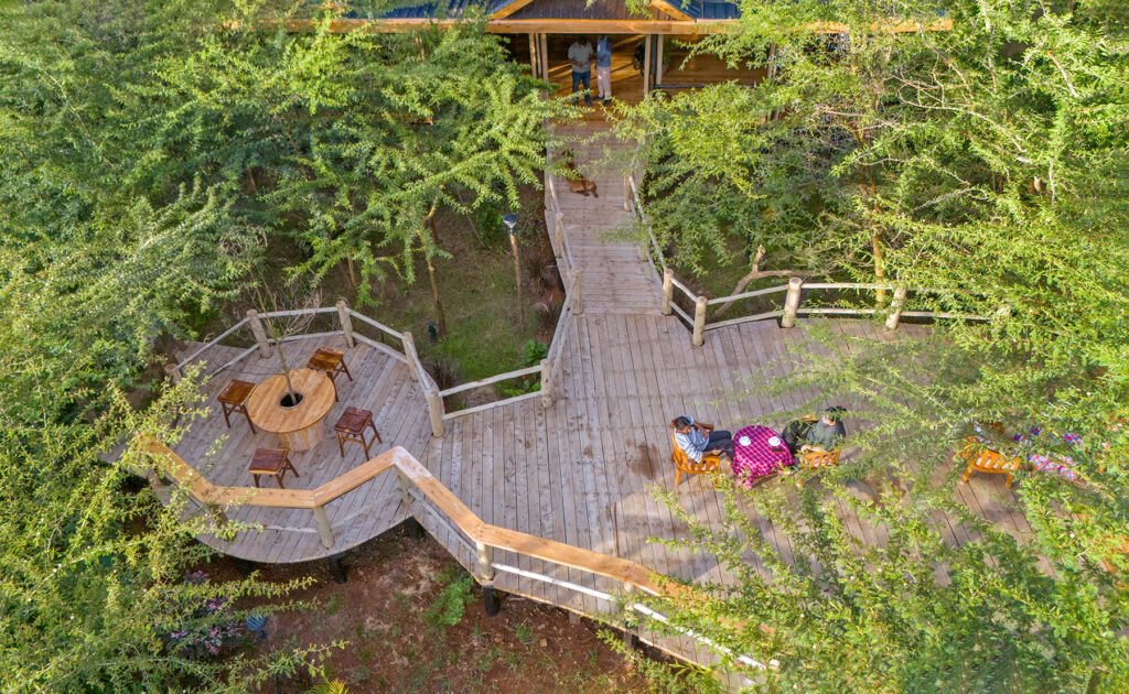 Osero Sopia River Camp elevated wooden deck and dining tables among trees