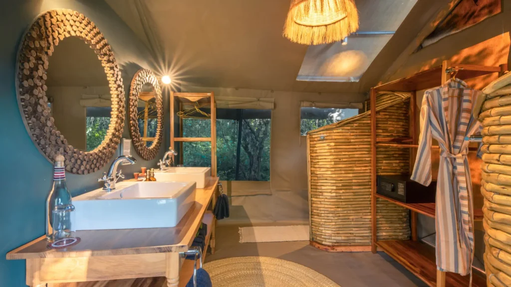 Rekero Camp en-suite bathroom with twin washbasins