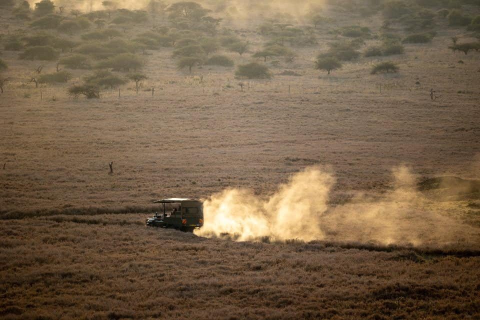 A safari vehicle driving across dry grassland, raising a trail of dust
