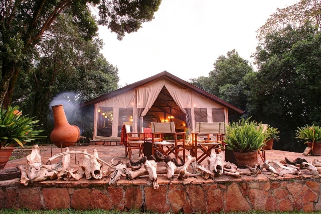 Communal restaurant veranda at Sekenani Camp in daylight