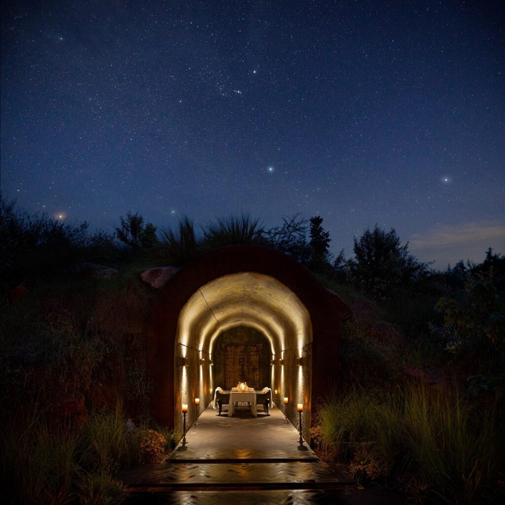 Wild Hill illuminated stone entrance at night