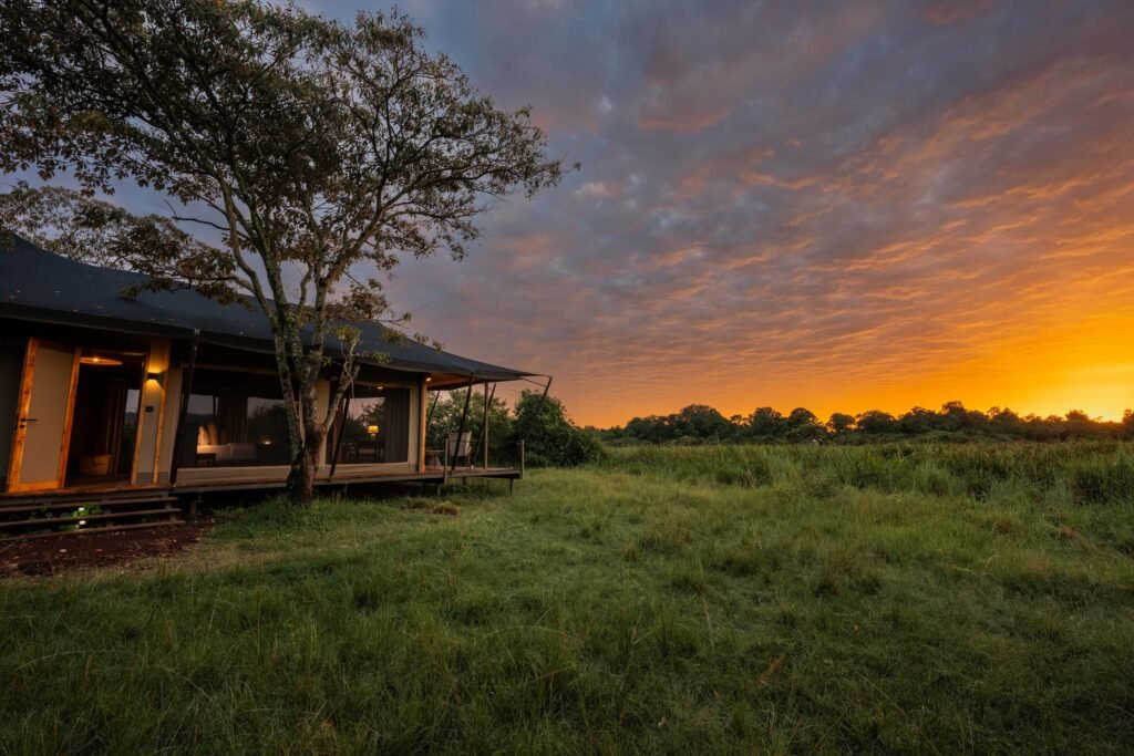 Maasai Mara lodges and camps 60 Wilderness Mara current tented suite and private deck beside a marsh at sunset