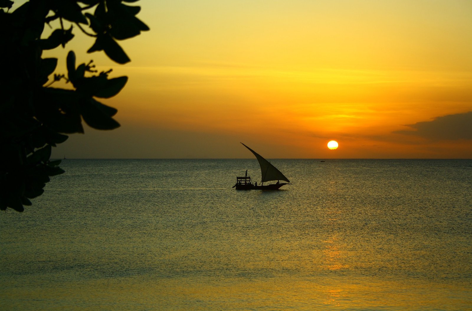 A dhow off the coast of Zanzibar at sunset